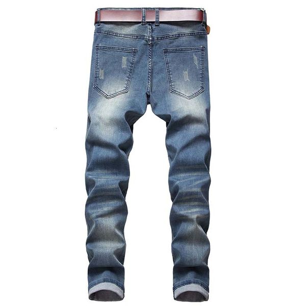 

new men casual hiphop draped zipper jeans denim patchwork knees holes pants tassel scratched washed high quality, Blue