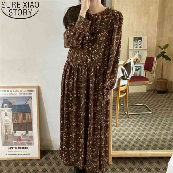 

women lace-up party dress floral print spring o-neck single-breasted loose straight ankle-length vestidos 13437 210421, Black;gray