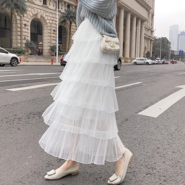 

skirts white gauze skirt 2021 spring and summer female gentle wind chic fairy long a-shaped cake, Black