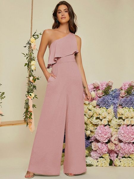 

one shoulder ruffle trim wide leg jumpsuit y2dc#, White