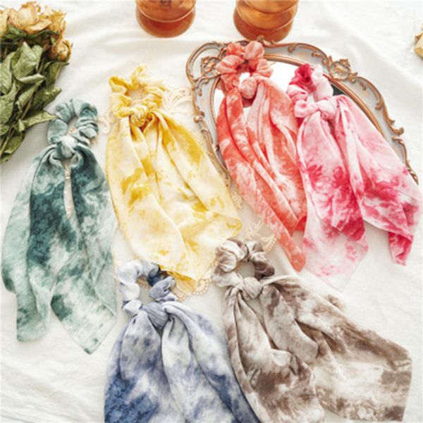 

tie-dye fabric ribbons square scarf large intestine ring hair rope european and beautiful girl-style tie hair accessories, Golden;silver