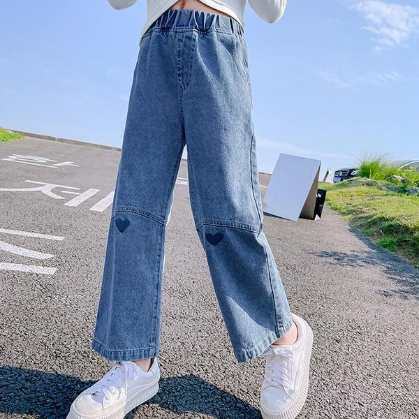 

jeans teenage girls heart pattern 2021 spring fall casual fashion loose kids leg wide pants school children trousers 6 8 10 12 y, Blue
