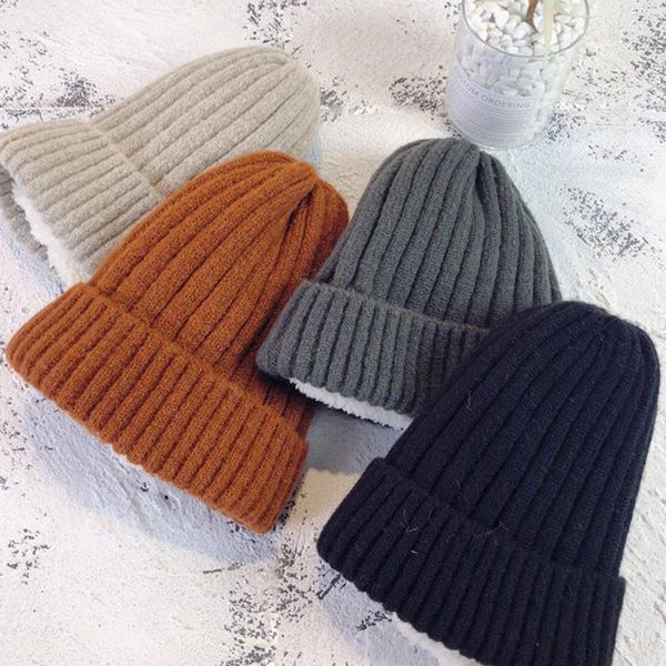 

solid color real fur beanies winter hat for woman knit bonnet acrylic autumn warm skullies