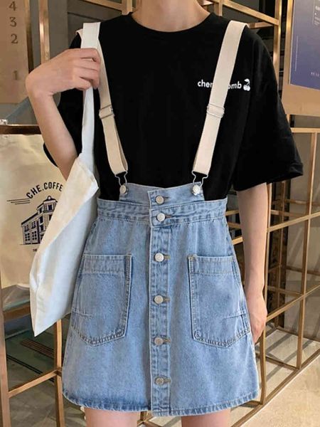 

korean fashion teen girls suspender summer vintage short style denim women overalls high waist jeans mini skirt, Black