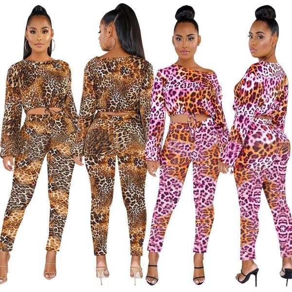 

women's jumpsuits & rompers two piece pants set women summer 2021 leopard print long sleeve crop and ensemble femme 2 pieces club outfi, Black;white