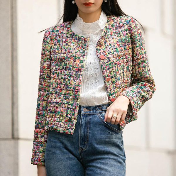 

women's jackets early autumn cropped jacket 2021 fall winter harajuku round neck plaid tweed women runway designer short coat streetwea, Black;brown