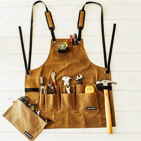 

aprons waxed canvas apron oil wax cloth multiple pockets with tools senior shoulders chef for bbq men waterproof cooking logo