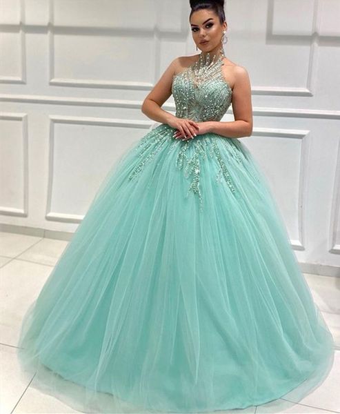 

2021 plus size lace beaded quinceanera dresses high neck ball gown tulle pageant evening prom gowns zj475, Blue;red