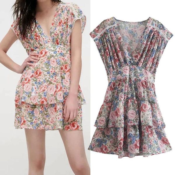 

casual dresses women summer 2021 v neck floral print boho beach dress ruffle sleeveless a line mini wrap sundress robe, Black;gray