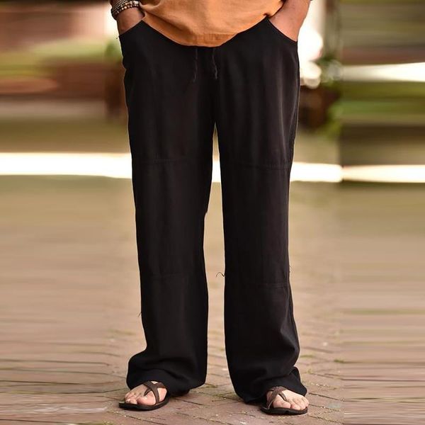 

men's pants men summer fashion cotton linen plus size casual elastic waist pockets long breathable trousers male, Black