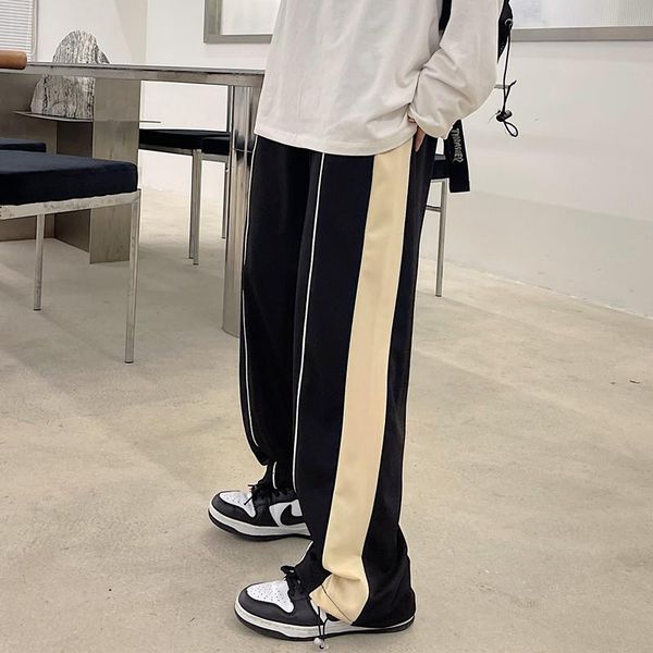 

men's pants trousers women's trendy casual sports ins retro stitching contrast color loose wide-leg straight drawstring, Black