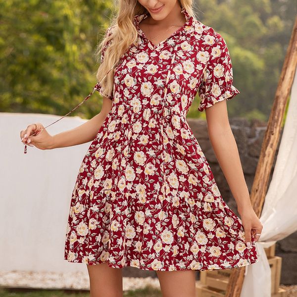 

women's 2021 summer new women's floral print fungus edge short sleeved dress, Black;gray
