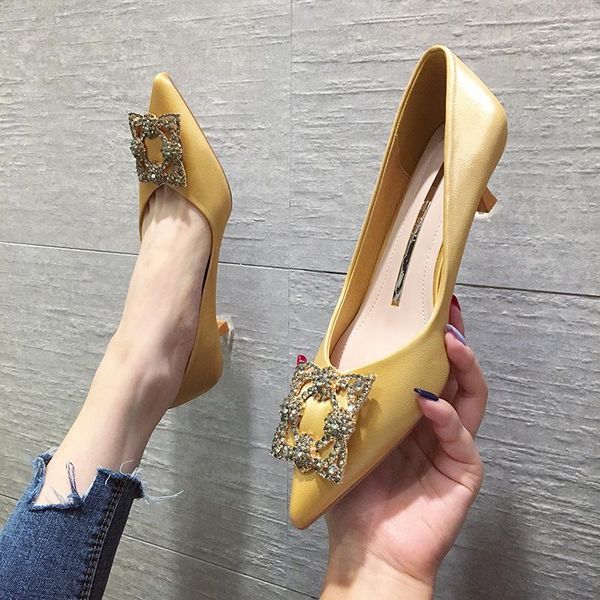 

dress shoes pumps women high heels female style thin pointed-toe solid color crystal fashion, Black
