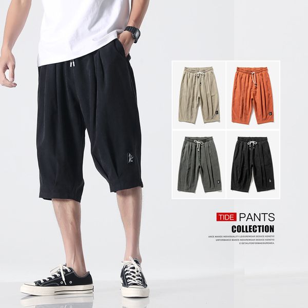

men's pants 4 colors mens summer shorts cropped trousers solid color breathable elastic waist pocket drawstring overalls casual fashion, Black