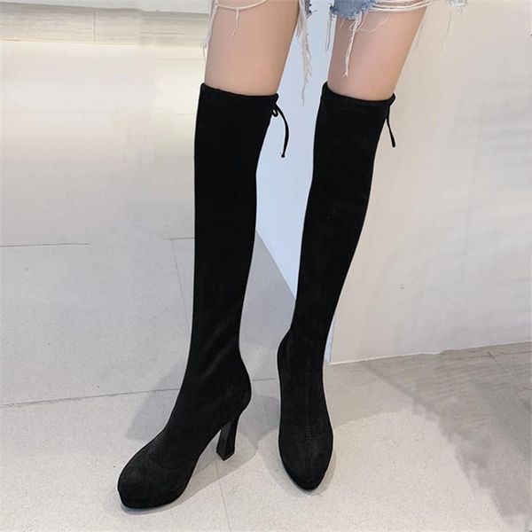 

boots pxelena plus size 34-43 women thigh high faux suede heels slip on slim fit over the knee autumn winter shoes, Black