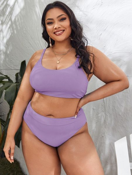 

plus rib high waisted bikini swimsuit l5zp#, Black