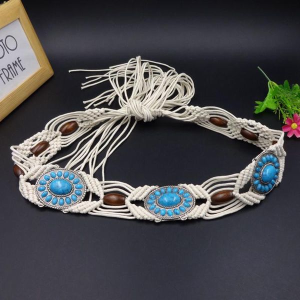 

belts fashion women ethnic style waist belt wax rope woven handmade wooden bead bohemian chain dress skirt, Black;brown