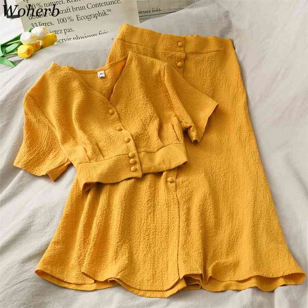 

vitnage pleated skirts two pieces set women short sleeve blouse + high waist midi long skirt summer korean outfits 210519, White