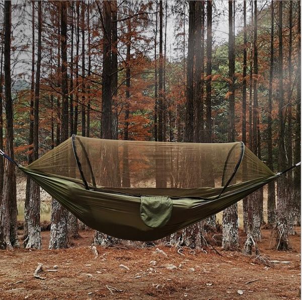 2021 balanços camping hammock com mosquito net pop-up luz portátil porta de pára-quedas ao ar livre balançar material de dormir 260 * 140 cm