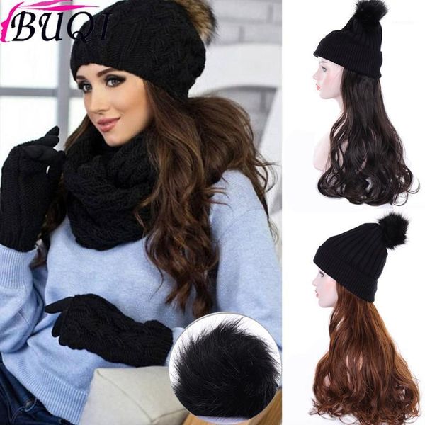 

knit cap with wig black brown long straight curly hair lady high temperature1