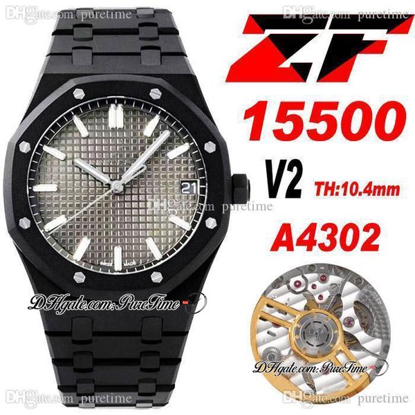 ZF v2 экстраопределенные CAL A4302 Автоматические мужские часы 41-мм DLC Black Grey Textured Dial Bracelet из нержавеющей стали Super Edition Watch Swiss Hand Set Ptpa Puretime A1