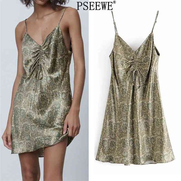 

pseewe za vintage print slip short woman dresses summer ruched adjustable straps backless mini dress women party dress 210331, Black;gray