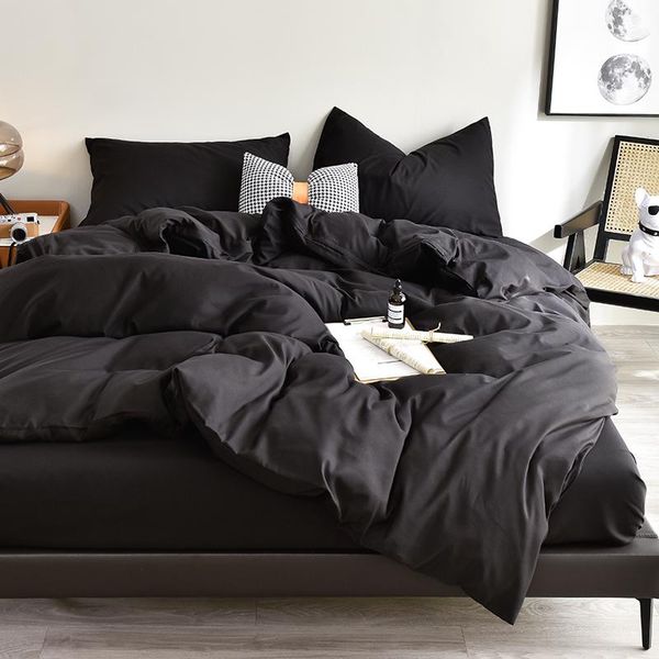 

bedding sets nordic style pure color simple white quilt cover pillowcase sheet bed fitted boys black  king 4pc