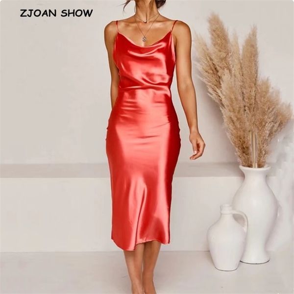 

slash collar backless bright satin sling dress woman vintage spaghetti strap like silk back slit mid long 210429, Black;gray