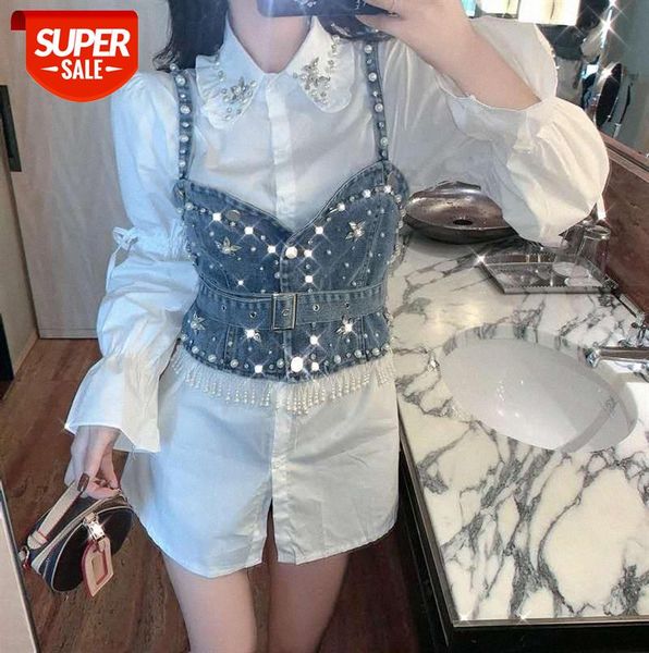 

korean temperament mid-length beaded trumpet sleeve shirt + all-match denim sling female fashion set #hl9n, Black