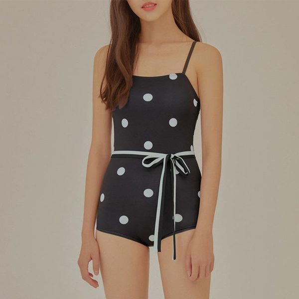 

women's swimwear korean bikini retro polka dot black triangle jumpsuit with chest pad without steel support sling beach spring swimming, White;black