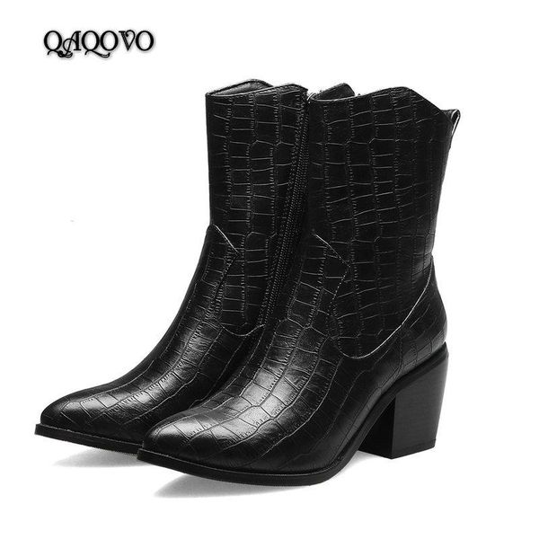 

boots autumn winter ankle women sanke print faux leather square high heel booties fashion pointed toe zipper ladies shoes, Black