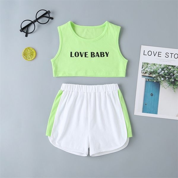 

summer children sets casual cute sleeveless o neck letter patchwork shorts baby girl and boys clothes 210629, White