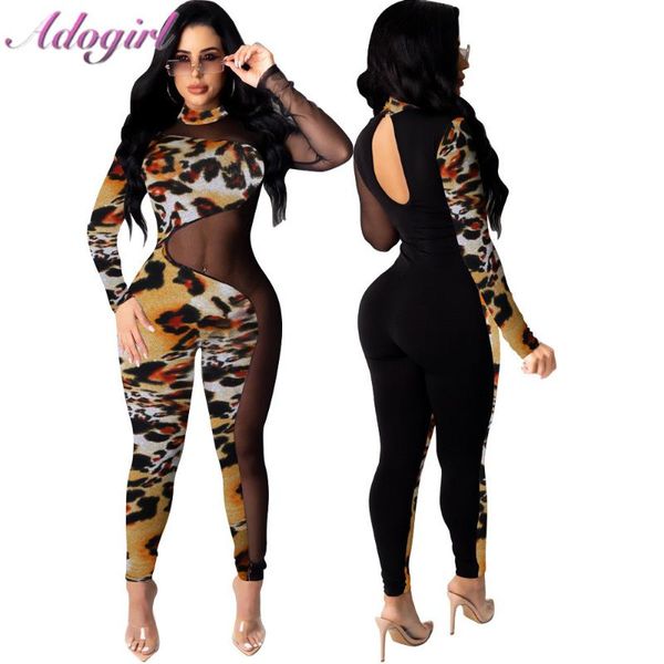 

women's jumpsuits & rompers leopard print sheer mesh patchwork jumpsuit women turtleneck long sleeve see through party club outfit over, Black;white