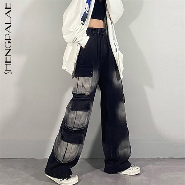 

streetwear contrast color jeans women's spring elastic high waist multi pocket wide leg denim cargo pants 210427, Blue