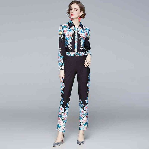 

women's two piece pants autumn runway suit set long sleeve printed blouses shirts + vintage pocket pencil trousers fashion 2 sets ykfe, White