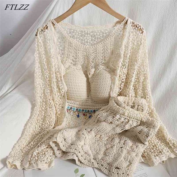 

summer women prairie chic three piece sets knitted suit hollow cardigan beaded halter sling hook floral shorts 210430, White