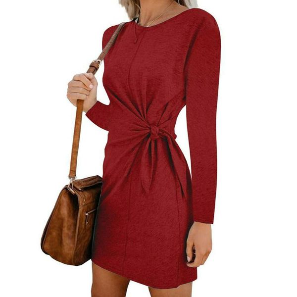 

casual dresses office mini round neck slim tie belt spring women dress solid party daily long sleeve autumn, Black;gray