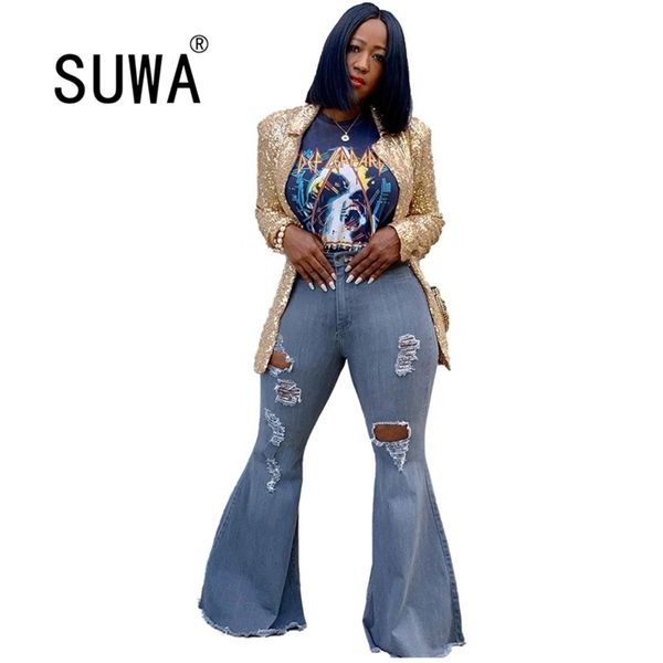 

ins recommend style skinny flare trousers women high waisted pants vintage classic hole jeans fashion cool girl streetwear 210525, Blue