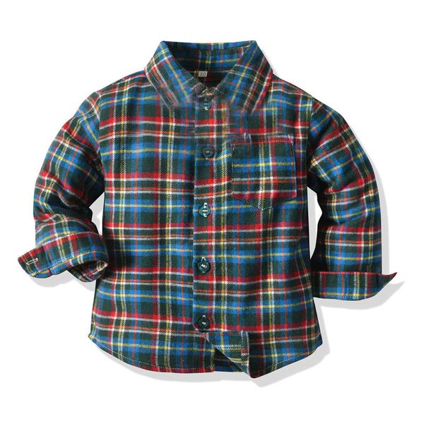 

children's autumn boys' shirt lapel cardigan plaid long sleeve clothing, Blue
