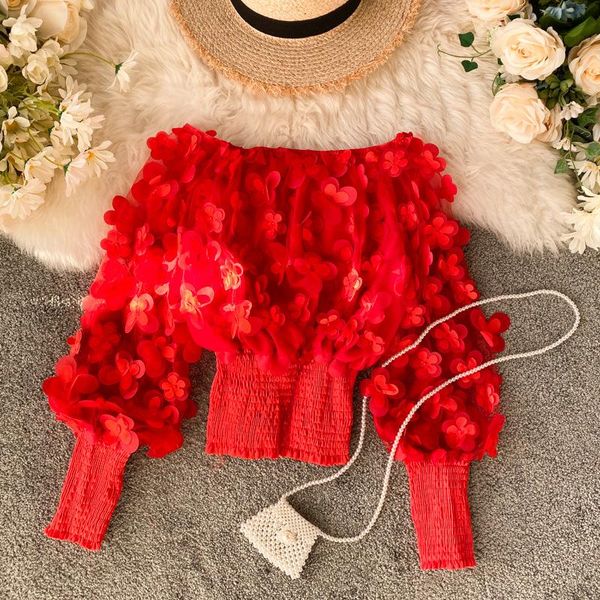 

women's t-shirt vintage short tee shirts spring cute mesh butterfly flower gauze shirt women fashion slash neck puff sleeve, White