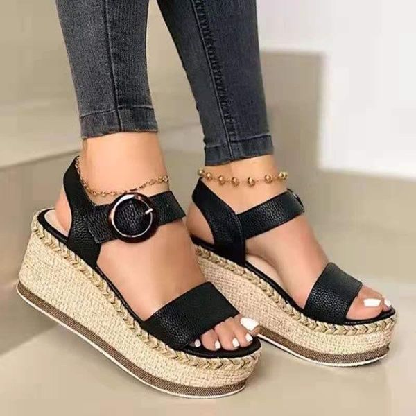 

sandals 2021 women summer wedge shoes buckle fashion casual thick bottom beach ladies sandalias de mujer, Black