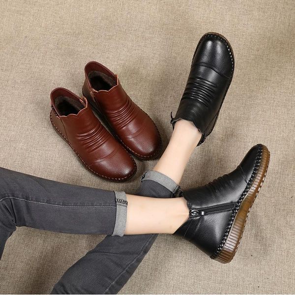 

boots soft soles genuine leather mother stitched for middle-aged cotton shoes autumn and winter elderly non warm, Black