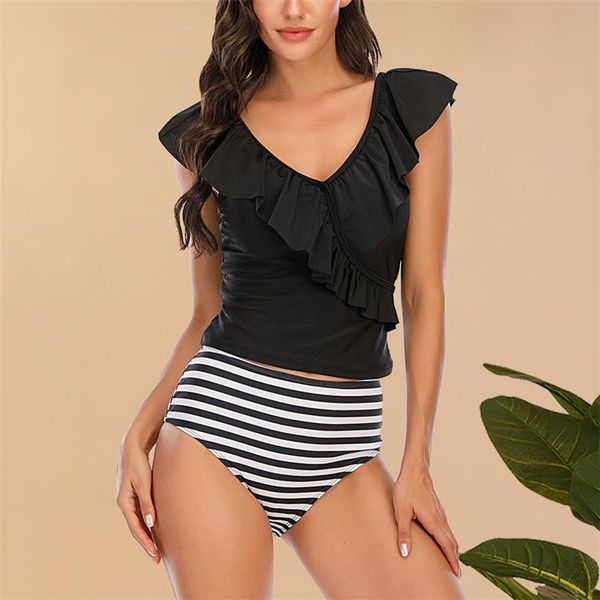 

women's swimwear women bikini two pieces beachwear v neck ruffles + high waist striped briefs suits split swimsuit sets, White;black