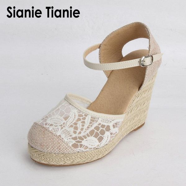 

sianie tianie bohemian lace women espadrilles wedge sandals ankle strap summer platform wedges high heels gladiators woman shoes, Black