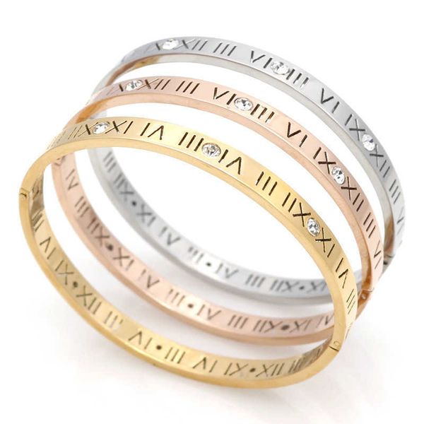 Moda Abertura Titanium Aço Bangles Cristal Rosa Ouro Branco Gold Gold Bangles Numerais Femininos Pulseira Q0717