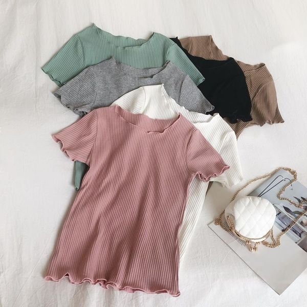 

women's blouses & shirts 2021 summer women flare sleeve o-neck basic knitted ruffles chic shirt lady short elastic slim striped pullove, White