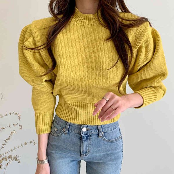 

ezgaga chic solid long puff sleeve knit sweater pullover women casual loose elegant o-neck temperament outwear office lady 210430, White;black