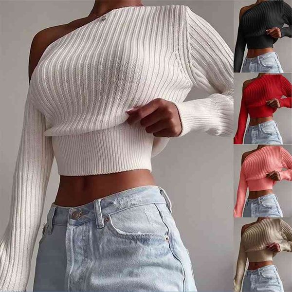 Cor Sólida Cor Strapless Sexy Slash Pescoço Sweater de Manga Longa Moda Moda Preto Branco Colheita Suéteres Femme 210517