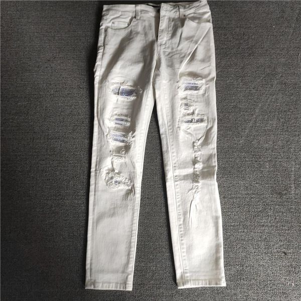 

men's jeans fashion slim skinny rhinestone stretch denim pants hole patch tight white crystal holes ripped, Blue
