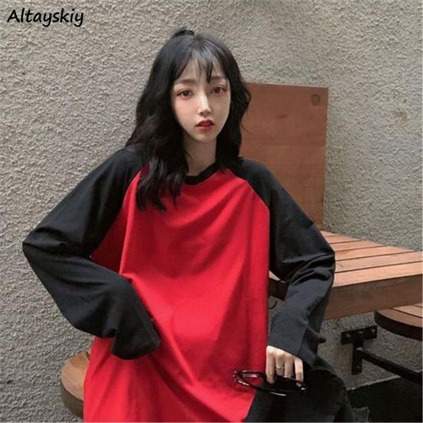 

women's t-shirt women long sleeve t-shirts couples spring patchwork loose tees female panelled stylish ulzzang all-match simple daily, White